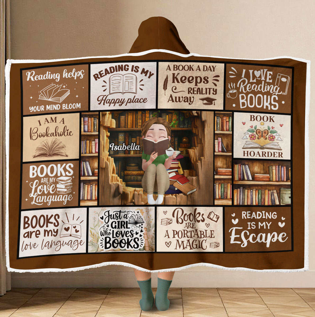 Custom Christmas Birthday Gift For Book Lovers, Bookworms, Reader • Reading Is My Happy Place - Personalized Hooded Blanket