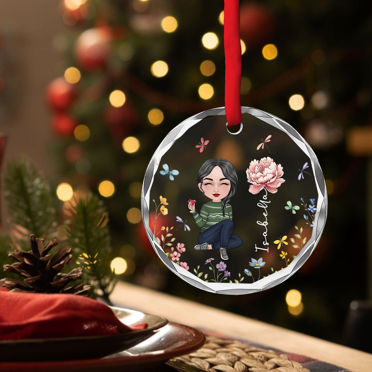 Custom Friendship Christmas Ornament, Best Friend Gift •  Bloom Girl Charm - Personalized Glass Ornament