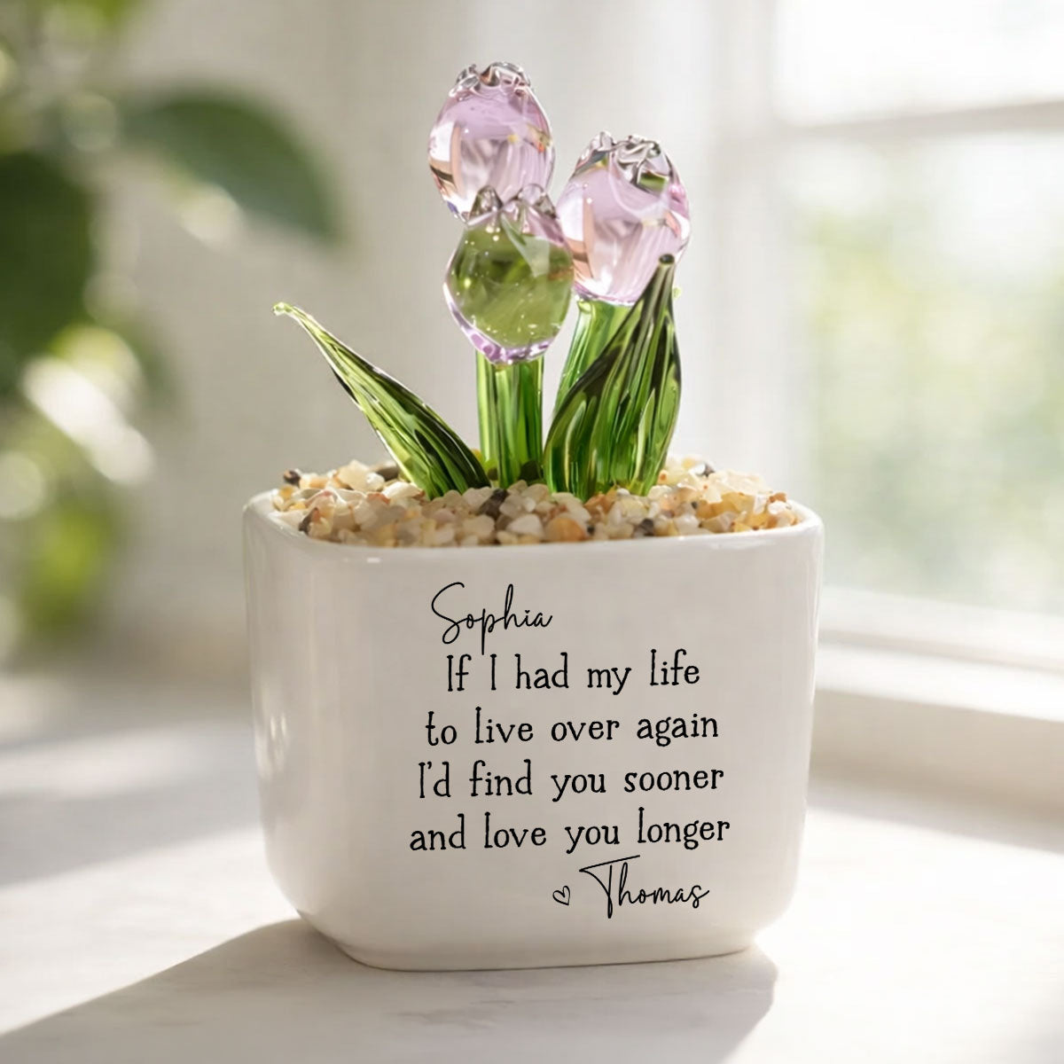 Custom Glass Flower Keepsake, Romantic Anniversary Gift for Wife • Love You Longer - Personalized Glass Everlasting Tulips