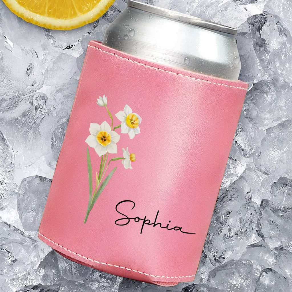 You Are The Most Beautiful Flower - Personalized Pink Leather Can Cooler Holder
