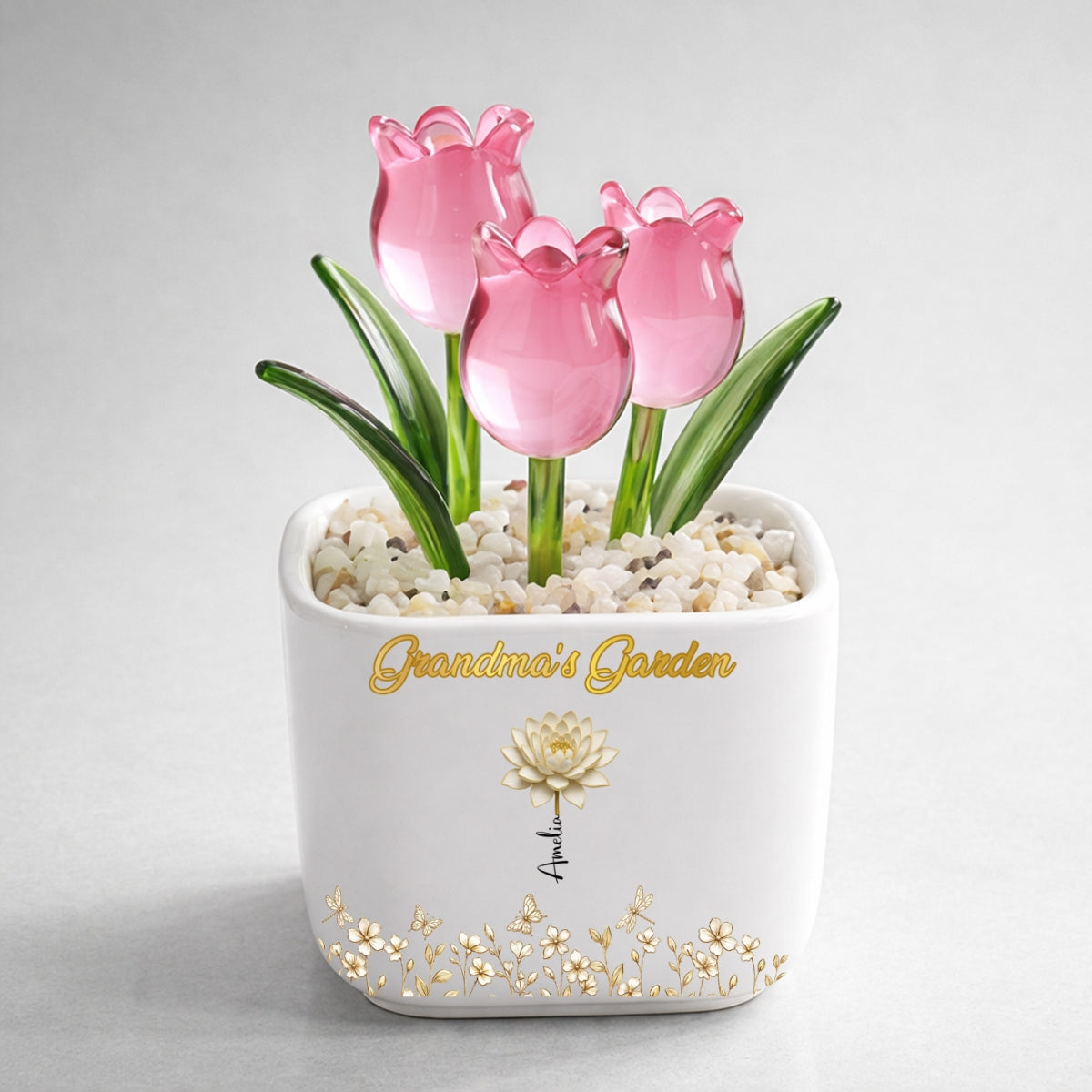 Custom Flower Keepsake, Glass Home Decor Gift for Grandma • Lovely Grandma Garden- Personalized Glass Everlasting Tulips
