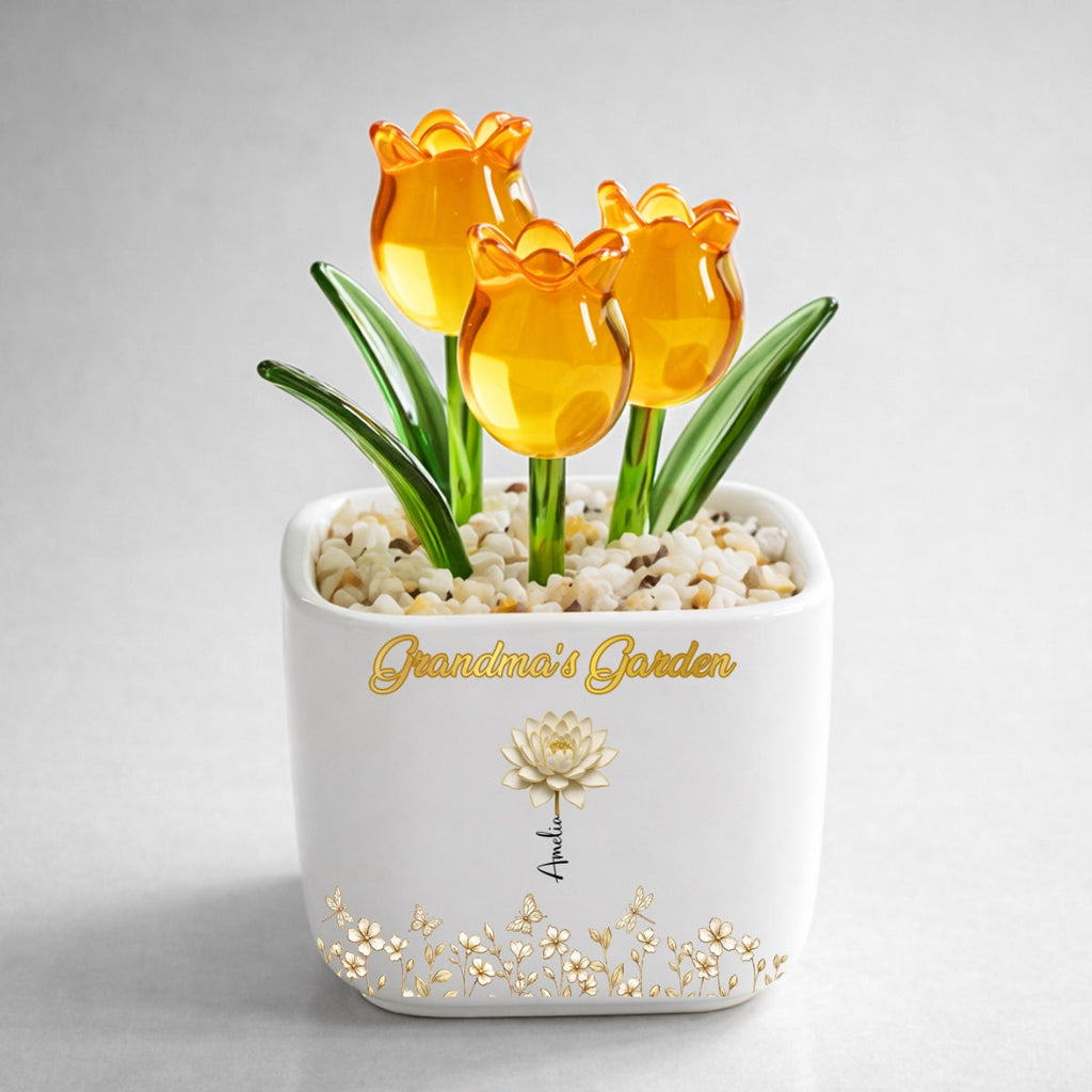 Custom Flower Keepsake, Glass Home Decor Gift for Grandma • Lovely Grandma Garden- Personalized Glass Everlasting Tulips