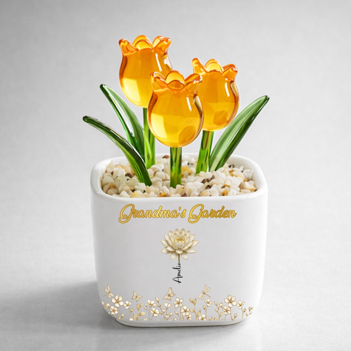 Custom Flower Keepsake, Glass Home Decor Gift for Grandma • Lovely Grandma Garden- Personalized Glass Everlasting Tulips