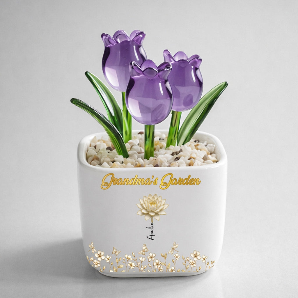 Custom Flower Keepsake, Glass Home Decor Gift for Grandma • Lovely Grandma Garden- Personalized Glass Everlasting Tulips