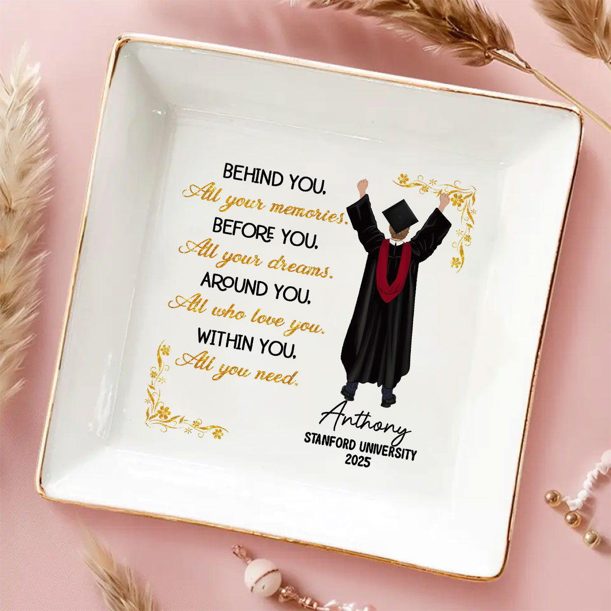Custom Class of 2026 Trinket Dish, Graduation Gift For Her • She Dreamed Big And Won - Personalized Jewelry Dish