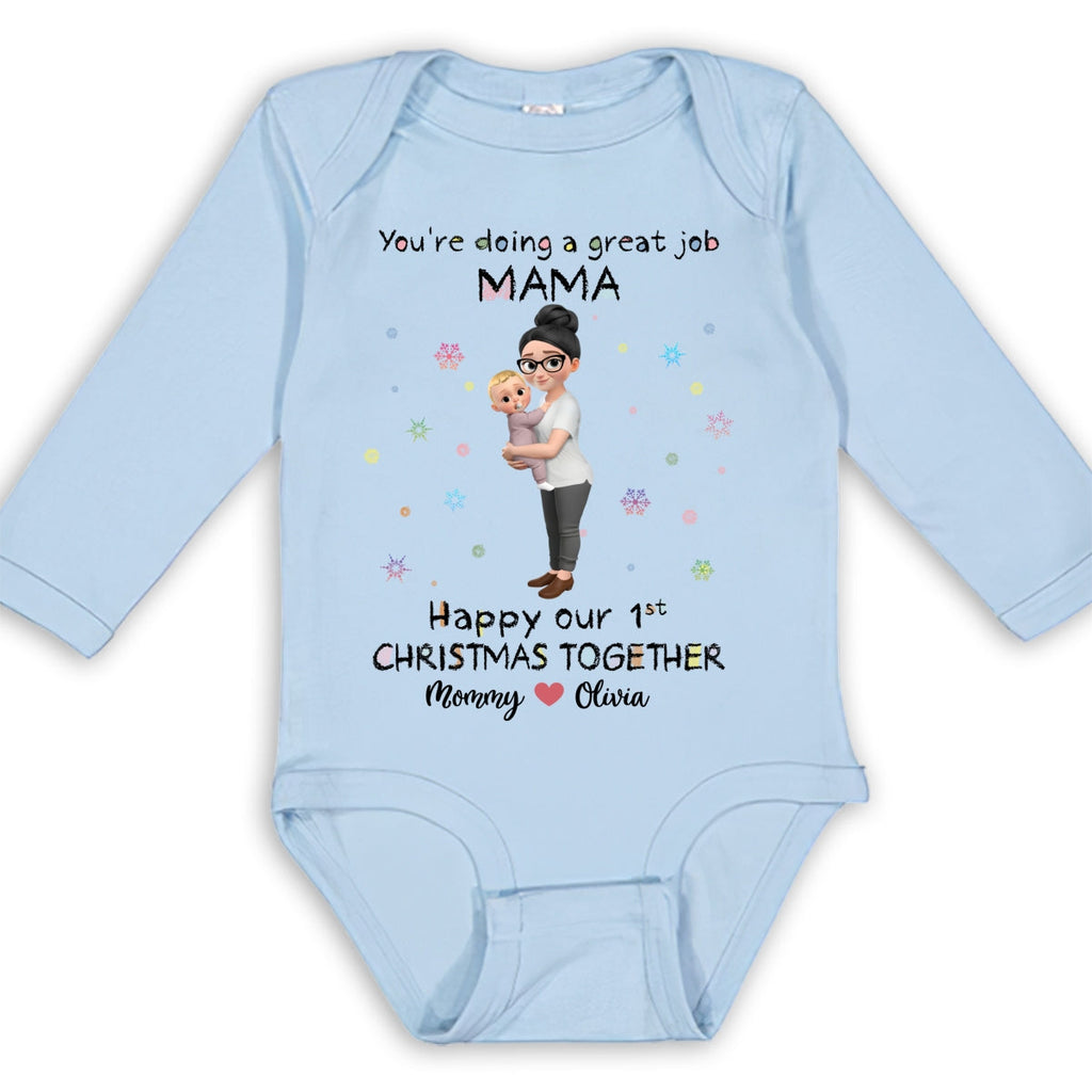 Mommy And Baby 1st Christmas - Personalized Long Sleeve Baby Onesie