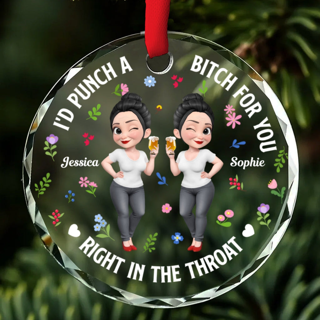 Custom Friendship Christmas Ornament, Best Friend Gift •  Right In The Throat Bestie Cartoonize - Personalized Glass Ornament