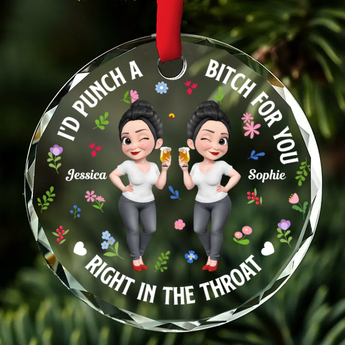 Custom Friendship Christmas Ornament, Best Friend Gift •  Right In The Throat Bestie Cartoonize - Personalized Glass Ornament