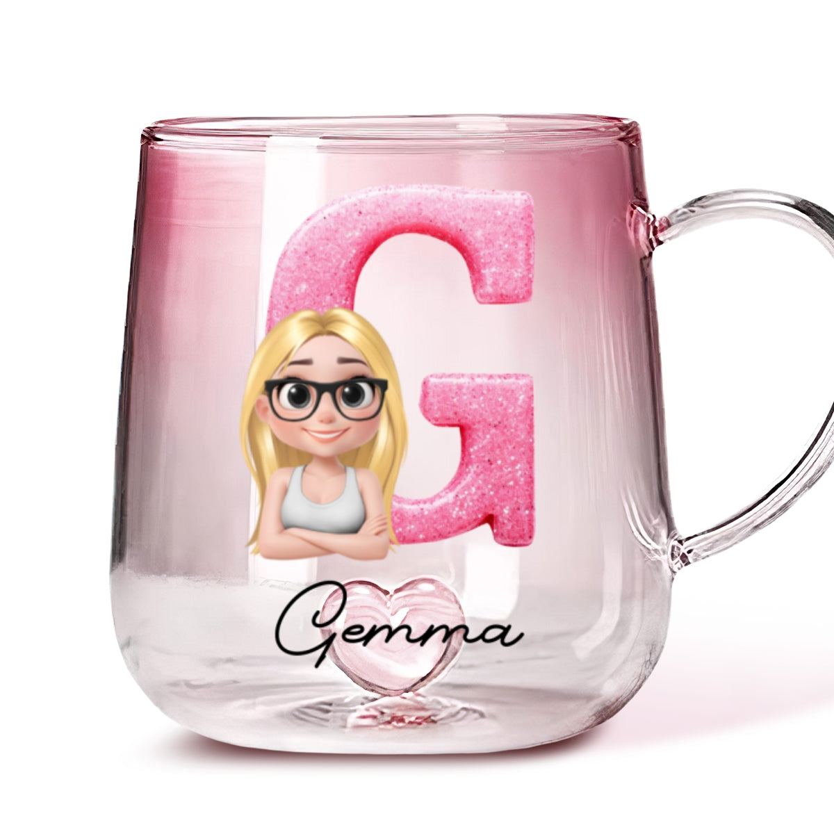 Custom Best Friend, Christmas & Birthday Friendship Keepsake Gift • Glitter Alphabet Cartoon - Personalized Pink Gradient Glass Mug