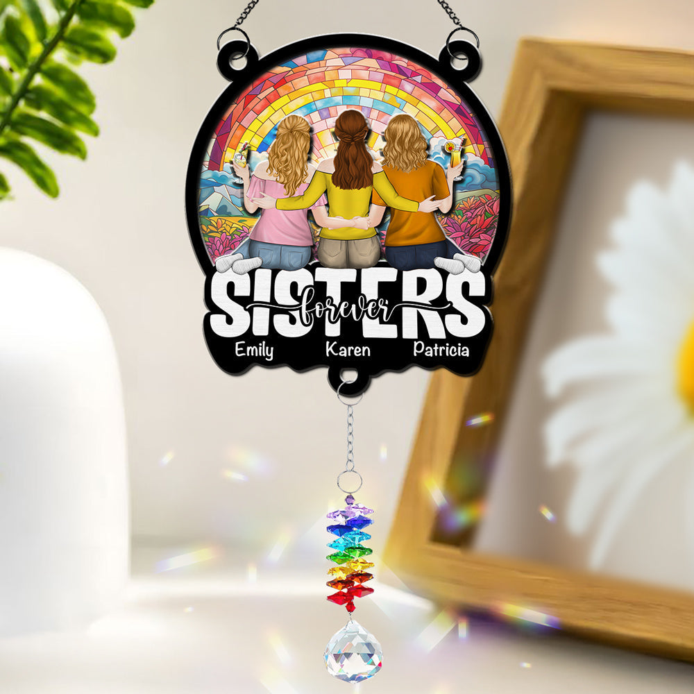 Custom Family Name Hanging Decor, Christmas Birthday Gift •  Besties Sitting Together - Personalized Suncatcher With Crystal Rainbow Charm