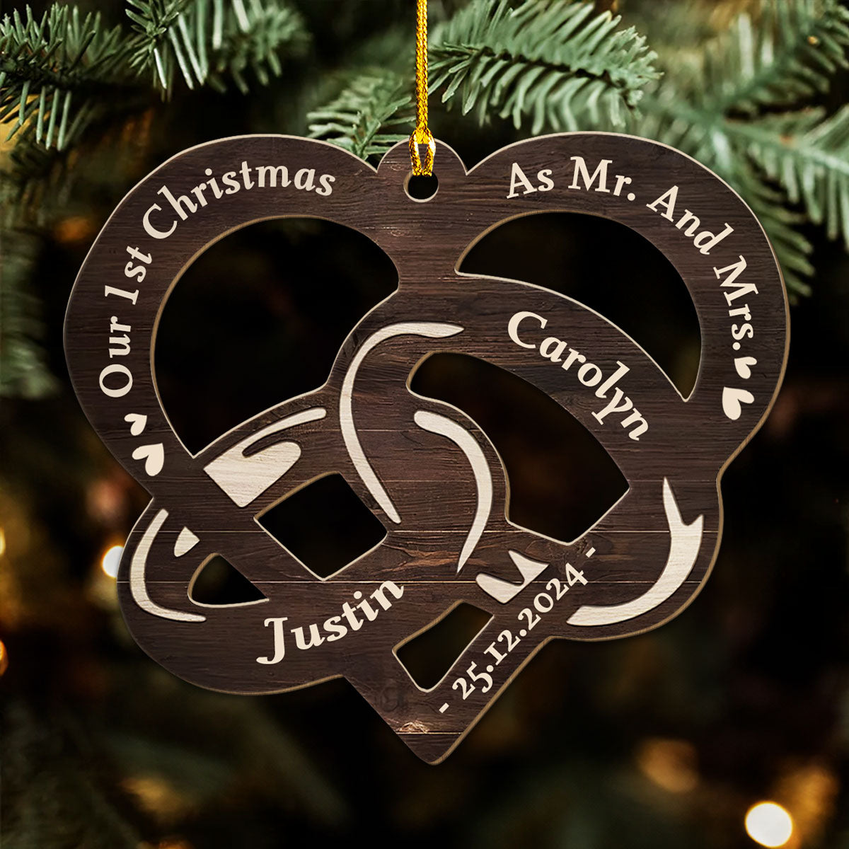 Custom First Christmas Ornament Married, Gift for Newlyweds •  Our 1st Christmas Married - Personalized Wood Ornament