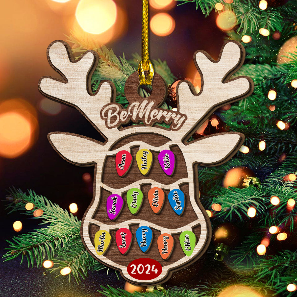 Custom Family Ornament, Christmas Gift for Family Members •  Reindeer Christmas Family Light - Personalized 2-Layered Wood Ornament