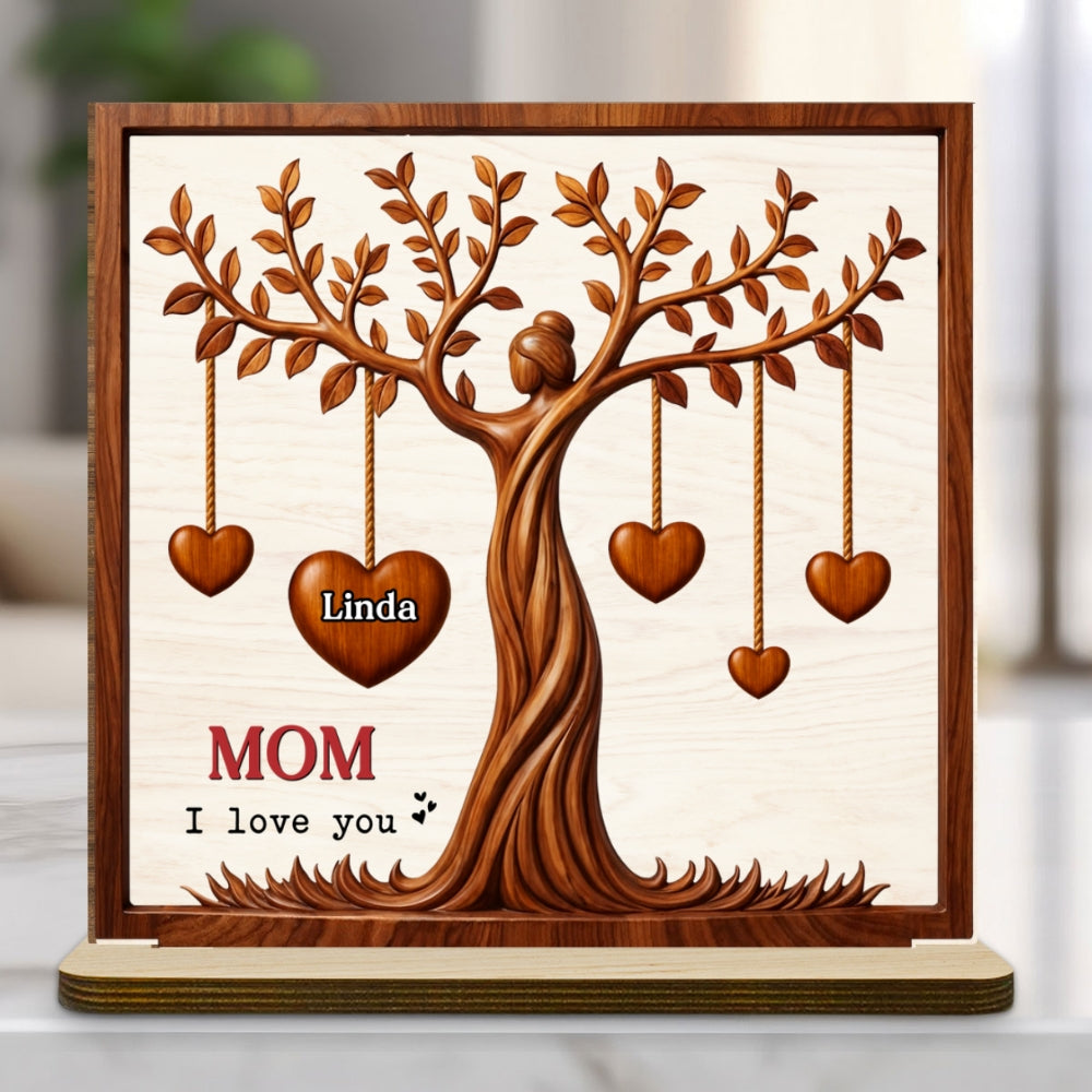 Custom Mother's Day Decor, Gift for Mom & Grandma • Hearts Tree - Personalized 2-Layer Wood Plaque With Flat Base