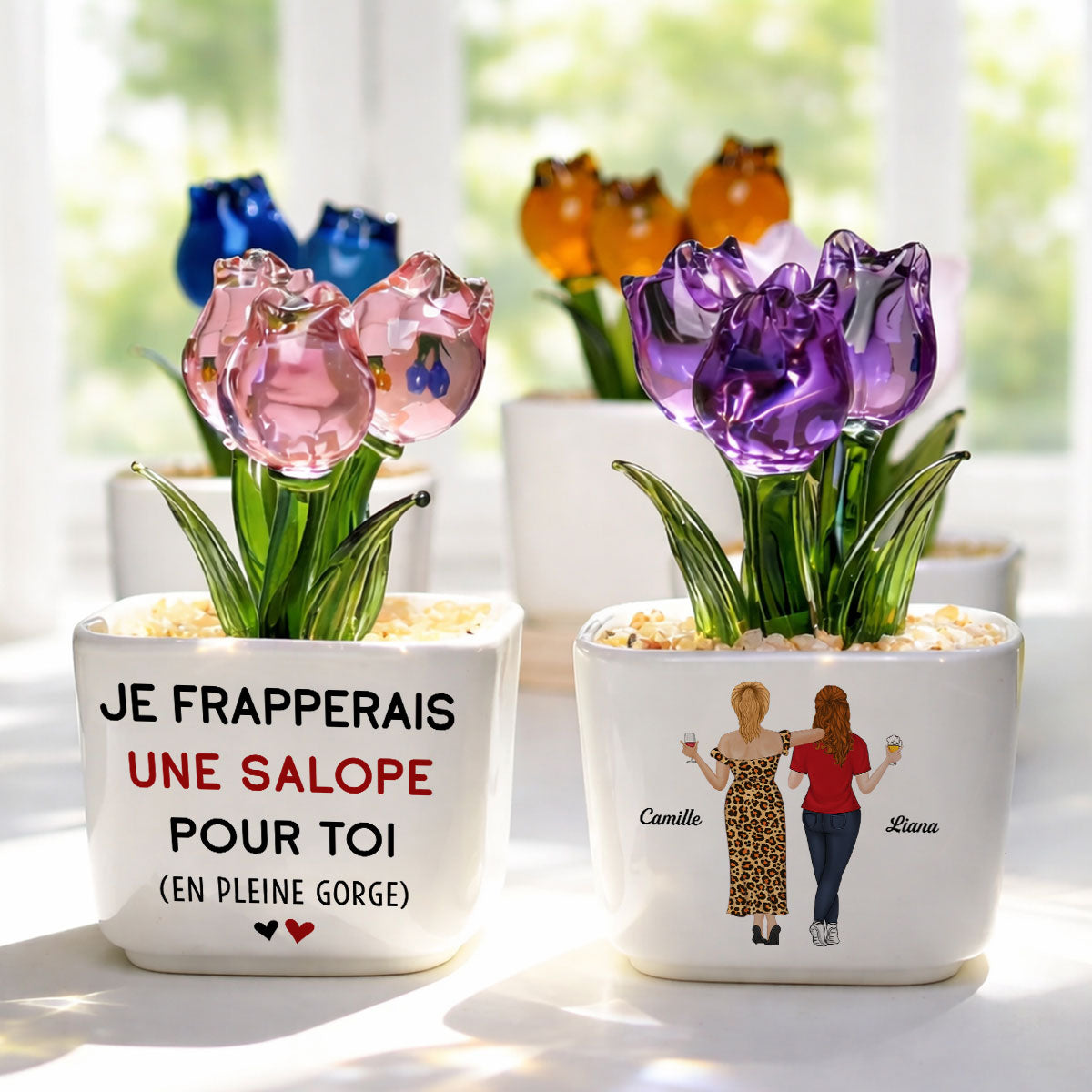 Custom Flower Keepsake, Glass Home Decor Gift for Best Friend • Je Me Batterais Pour Toi – Tulipes Éternelles En Verre Personnalisées