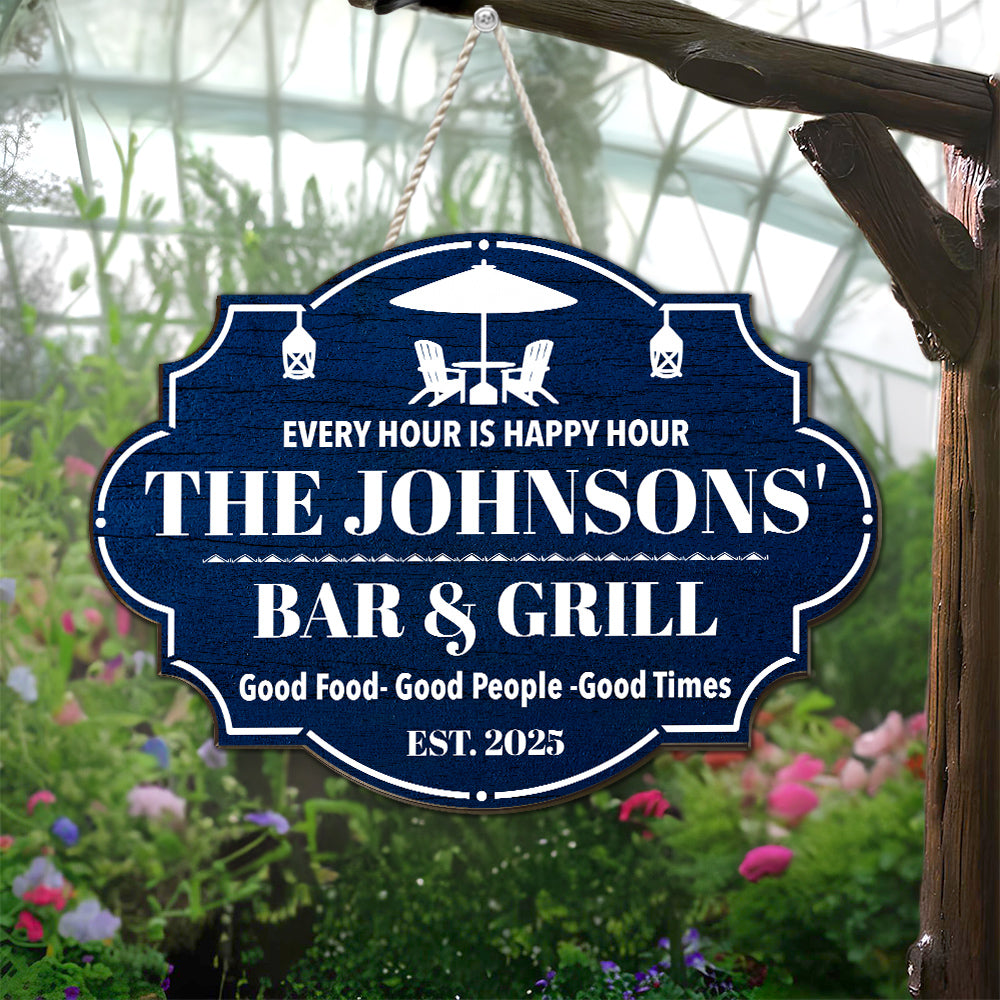 Custom Family Summer Backyard, Patio & Porch Decor • Happy Hour - Personalized Wood Sign