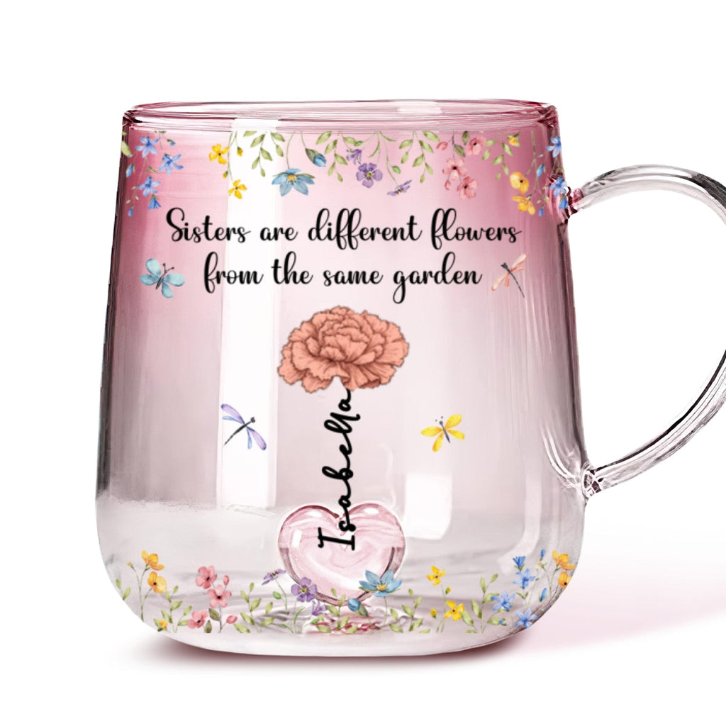 Custom Name & Birth Flower Birthday, Christmas Gift for Best Friend • Sisters Are Different Flowers From The Same Garden - Personalized Pink Gradient Glass Mug