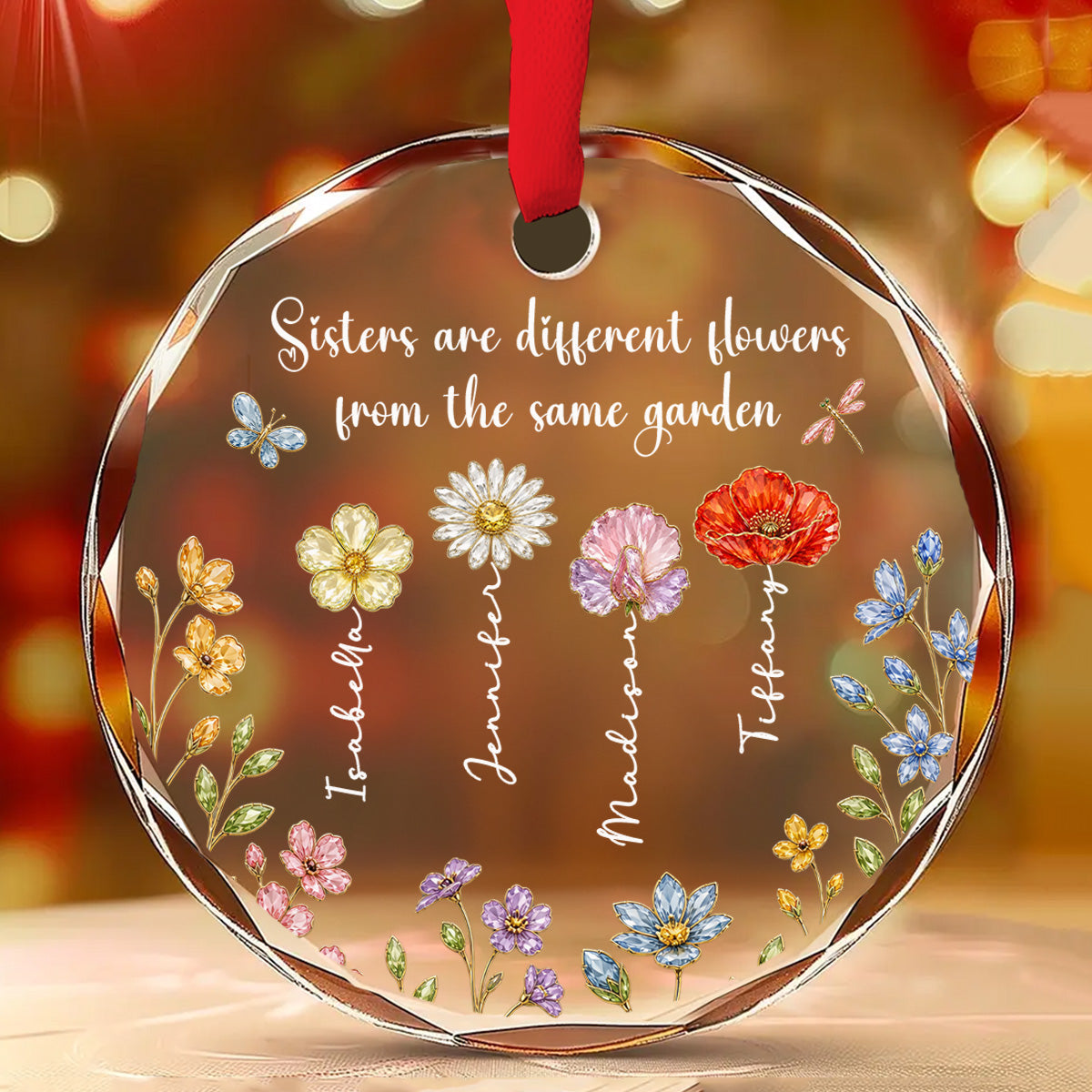 Custom Sister Christmas Ornament •  Love Flourishes In Our Garden - Personalized Glass Ornament