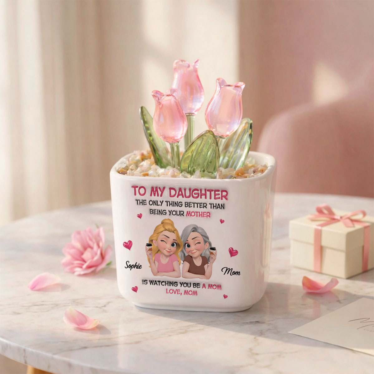 Custom Flower Keepsake, Glass Home Decor Gift for Daughter • Watching Daughter Be A Lovely Mom - Personalized Glass Everlasting Tulips