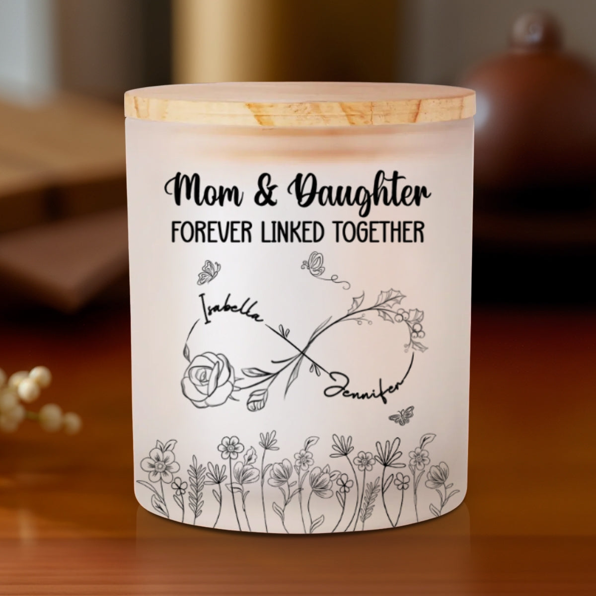 Mom And Daughter Forever Linked Together - Personalized Glass Jar With LED Candle