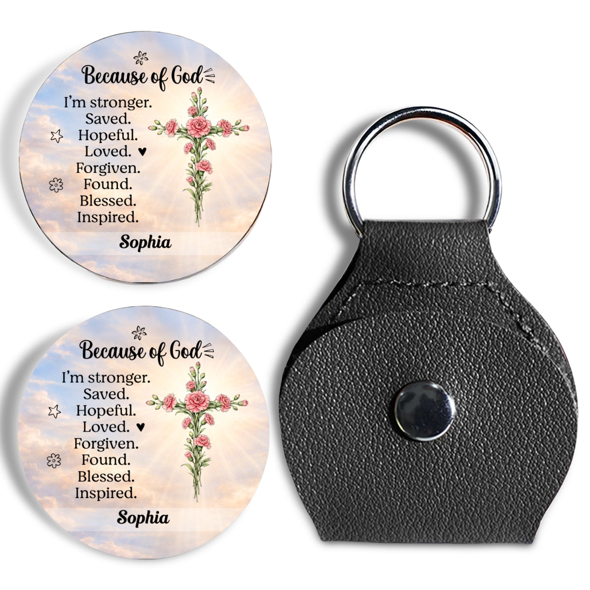 Custom Christian Coin Keychain, Faith Keepsake • Stronger Because Of God - Personalized 3D Effect Pocket Hug