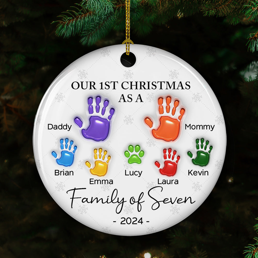 Custom Family First Christmas Ornament •  First Christmas As A Family Handprints - Personalized 3D Inflated Effect Ceramic Ornament