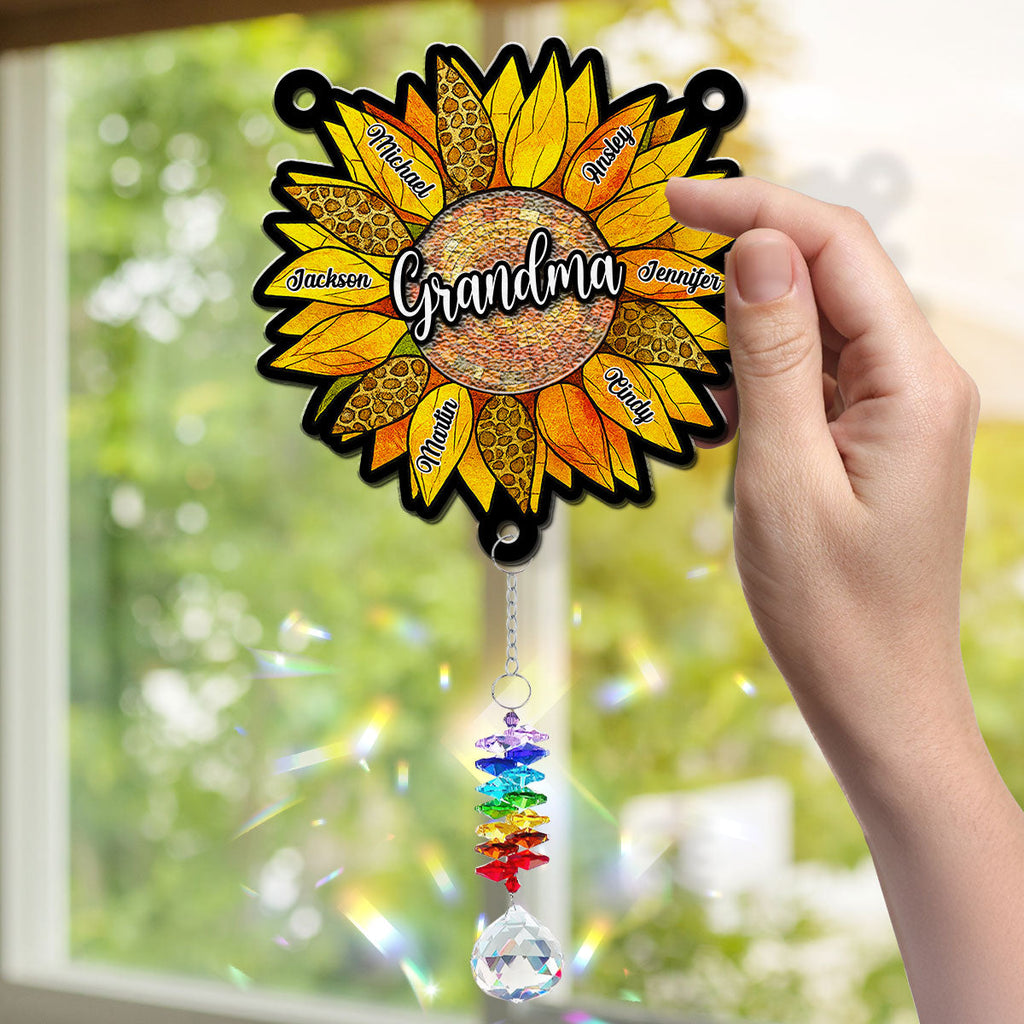 Custom Name Grandma Hanging Decor, Mother's Day Birthday Gifts • Beautiful Sunflower Grandma - Personalized Suncatcher With Crystal Rainbow Charm