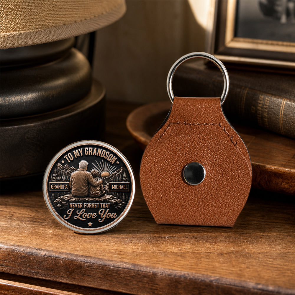 Custom Coin Keychain For Grandson Nephew, Family Keepsake • Grandpa Will Always Stand Beside - Personalized 3D Printing Pocket Hug