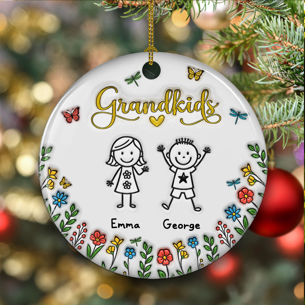 Custom Family Ornament, Christmas Gift for Family Members •  Grandkids Make Life Grand - Personalized 3D Inflated Effect Ceramic Ornament