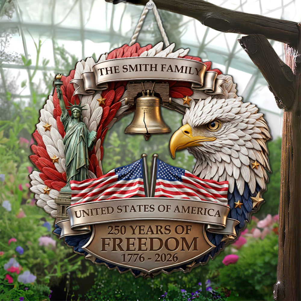 Custom Family Patriotic Hanging Decor, 4th of July • 250 Years Strong Together - Personalized Wood Sign