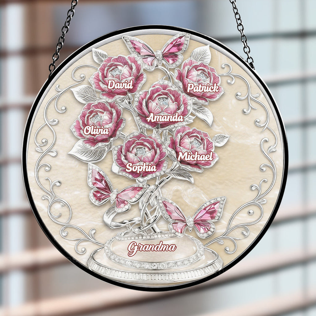 Custom Name Grandma Hanging Decor, Mother's Day Birthday Gifts • Lovely Flowers - Personalized Window Hanging Suncatcher