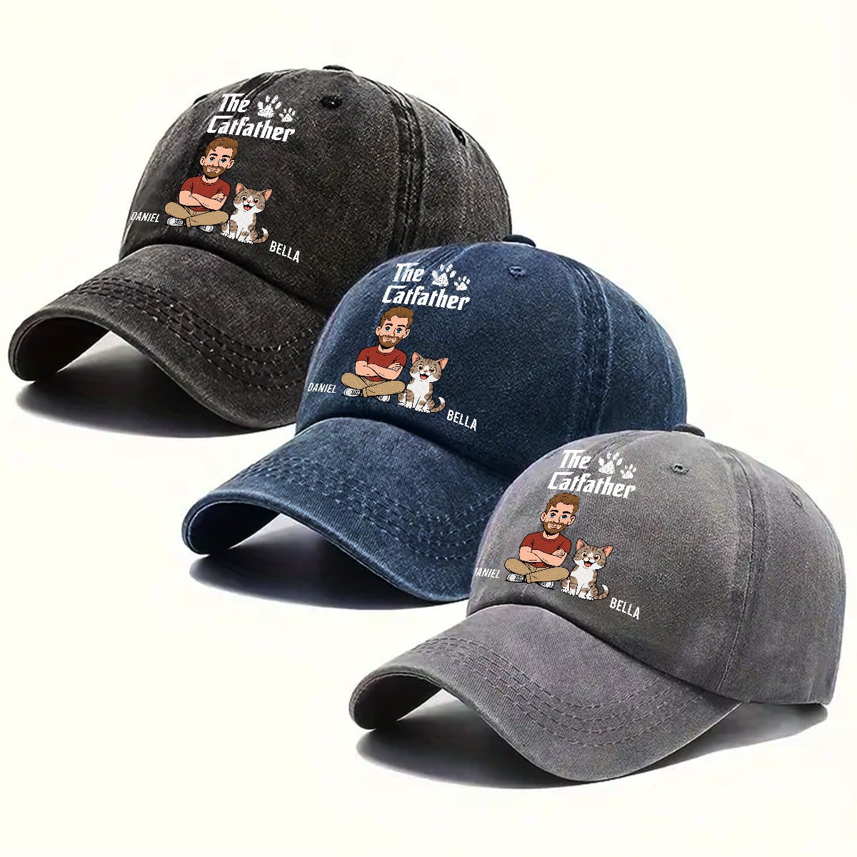 Custom Christmas Headwear Birthday Gifts for Cat Parents • Cool Cat Father Retro - Personalized Vintage Washed Denim Cap
