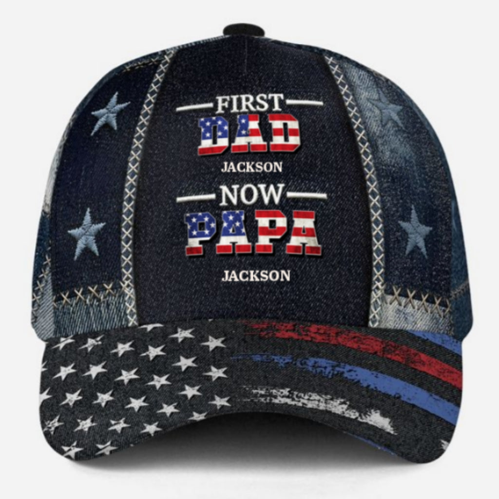 First Dad Now Papa American Flag - Personalized Classic Cap