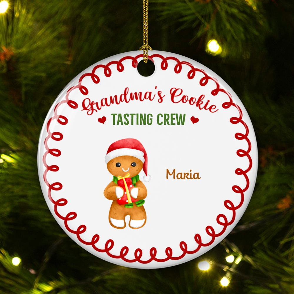Custom Family Ornament, Christmas Gift for Family Members •  Tasting Crew Of Grandma - Personalized Circle Ceramic Ornament