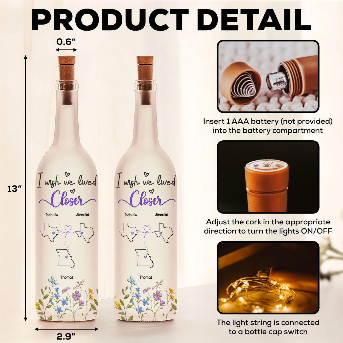 I Wish We Lived Closer - Personalized Bottle Lamp