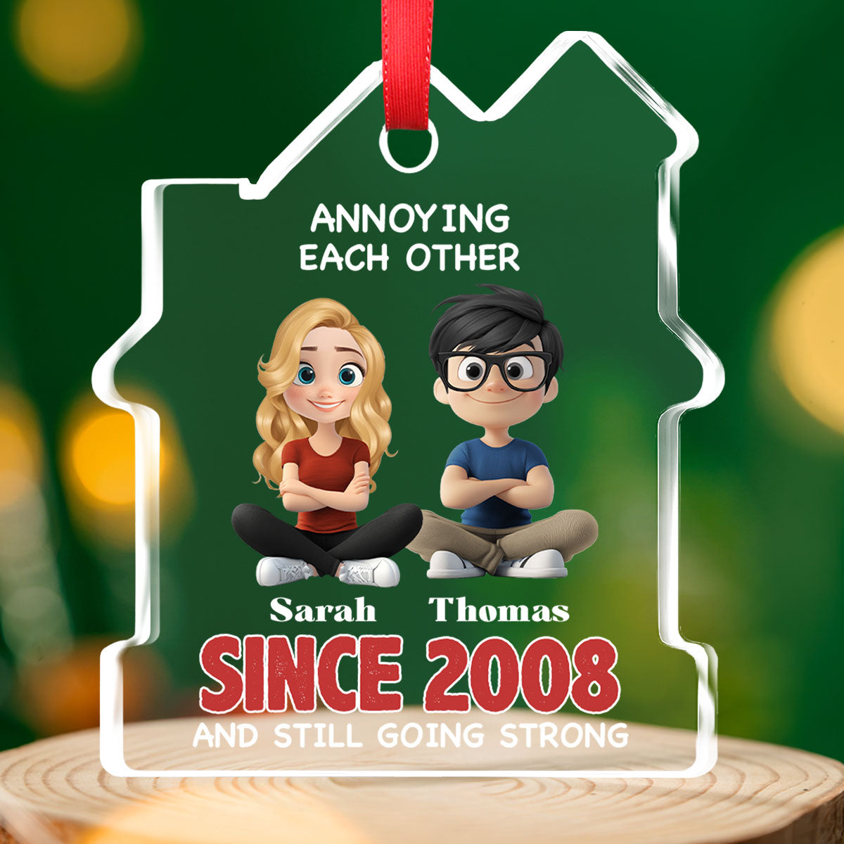Custom Couple Christmas Ornament, Anniversary Gift •  Together Forever - Personalized House Shaped Glass Ornament