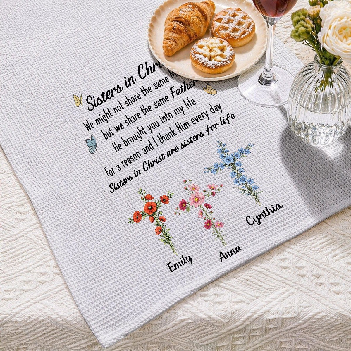 Custom Sister Kitchen Towel With Names, Birthday Christmas Gift For Sister Sibling • Sisters Growing In Grace - Personalized Kitchen Towel