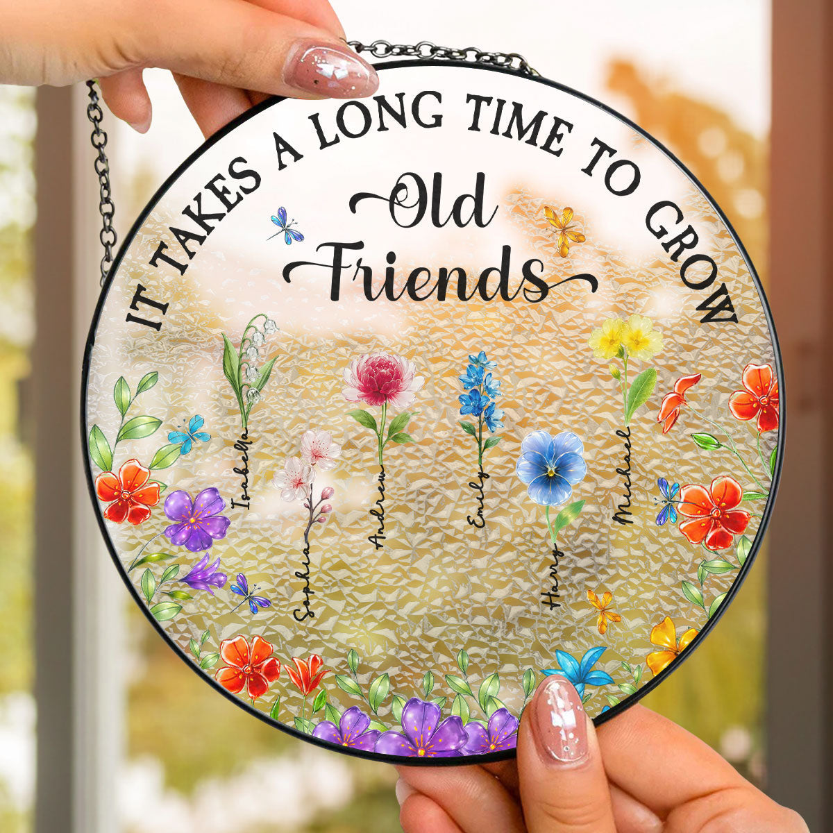Custom Best Friend Hanging Decor, Friendship Birthday Gifts • Grow Old Friend Crystal Flower - Personalized Window Hanging Suncatcher