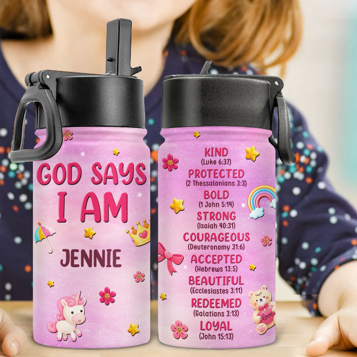 God Says I Am - Personalized 3D Effect Kids Water Bottle