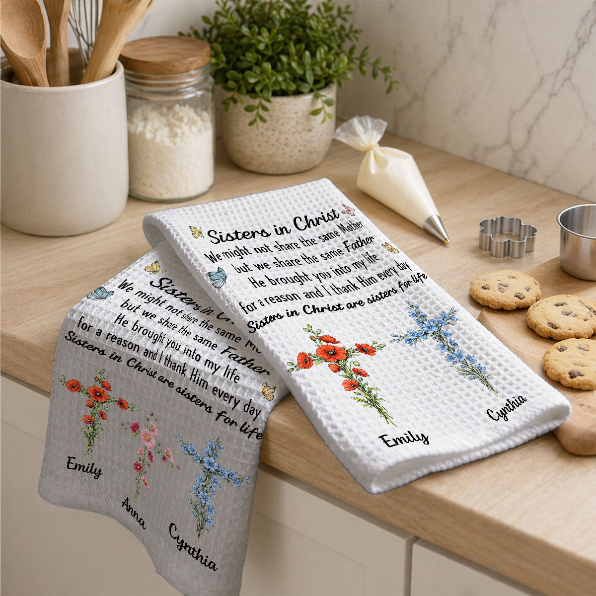 Custom Sister Kitchen Towel With Names, Birthday Christmas Gift For Sister Sibling • Sisters Growing In Grace - Personalized Kitchen Towel