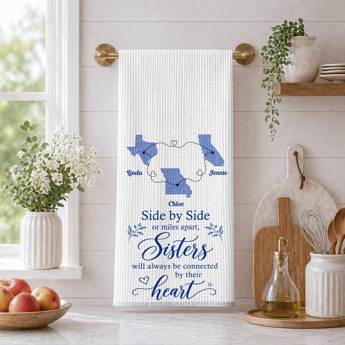 Custom Sister Kitchen Towel With Names, Birthday Christmas Gift For Sister Sibling • Side By Side Or Miles Apart - Personalized Kitchen Towel