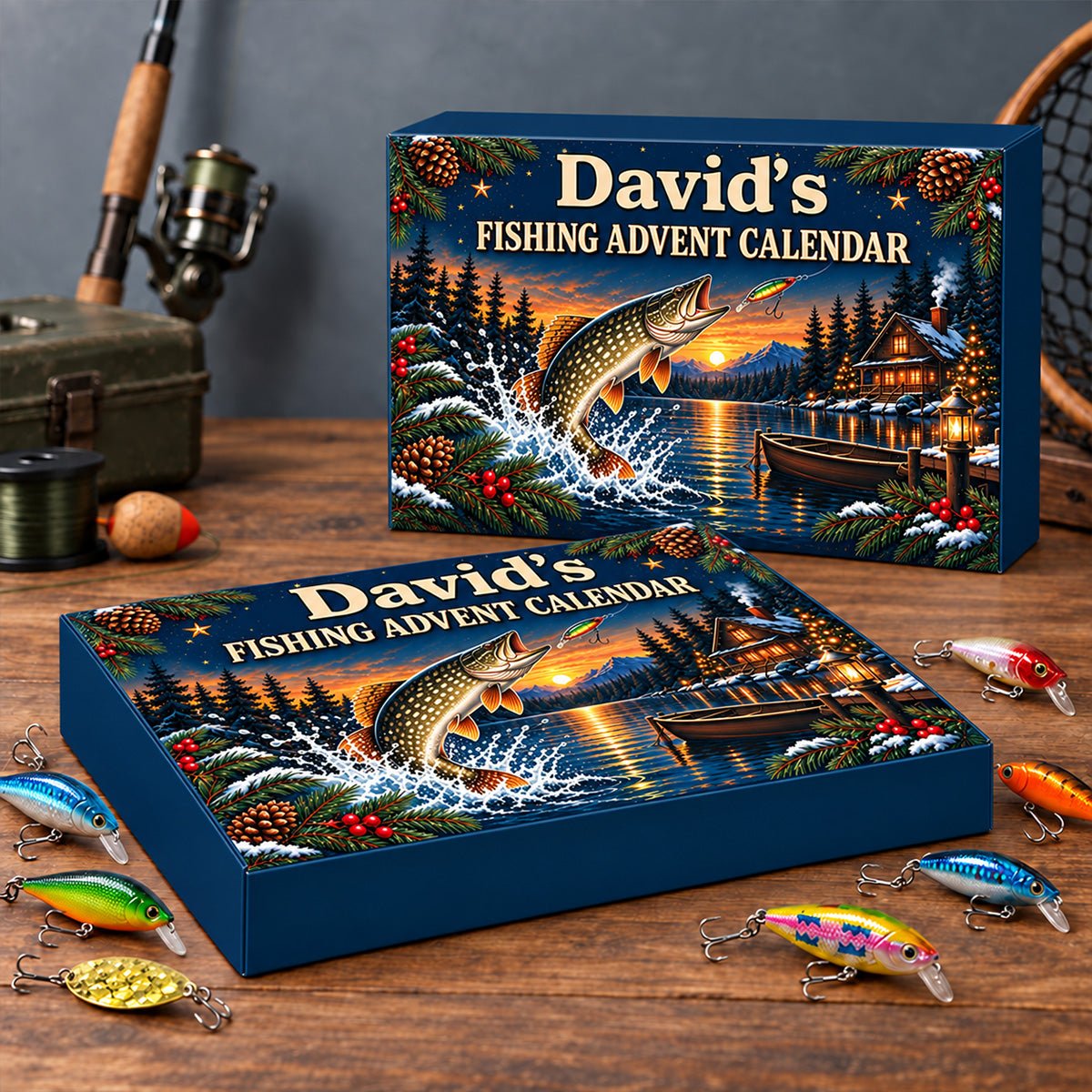 Custom Christmas Advent Calendar 2026 Fishing Lure Set, 24-Day Countdown • Fishing Lover - Personalized Fishing Advent Calendar