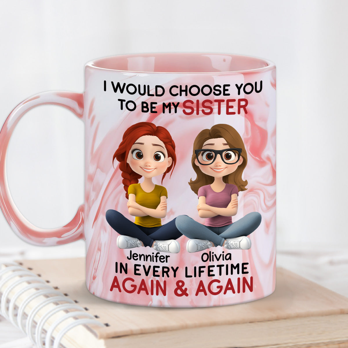 Custom Christmas & Birthday Gift For Sister • Choose You - Personalized Pink Marble Mug