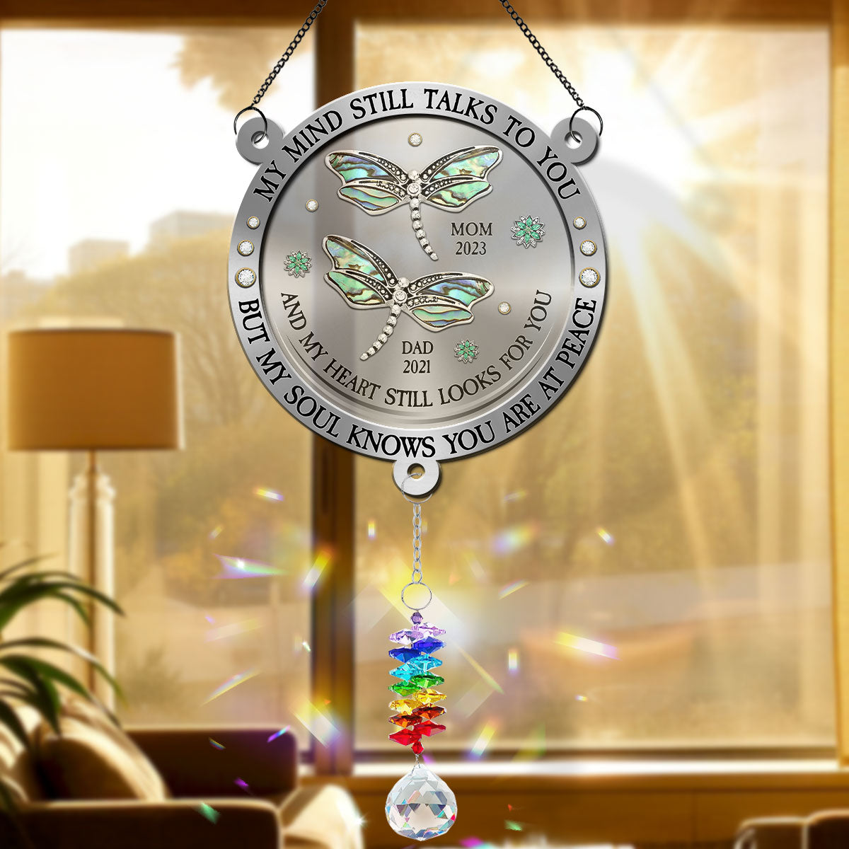 Custom Name Memorial Hanging Decor, Remembrance Keepsake • Dragonfly My Mind My Heart My Soul - Personalized Suncatcher With Crystal Rainbow Charm