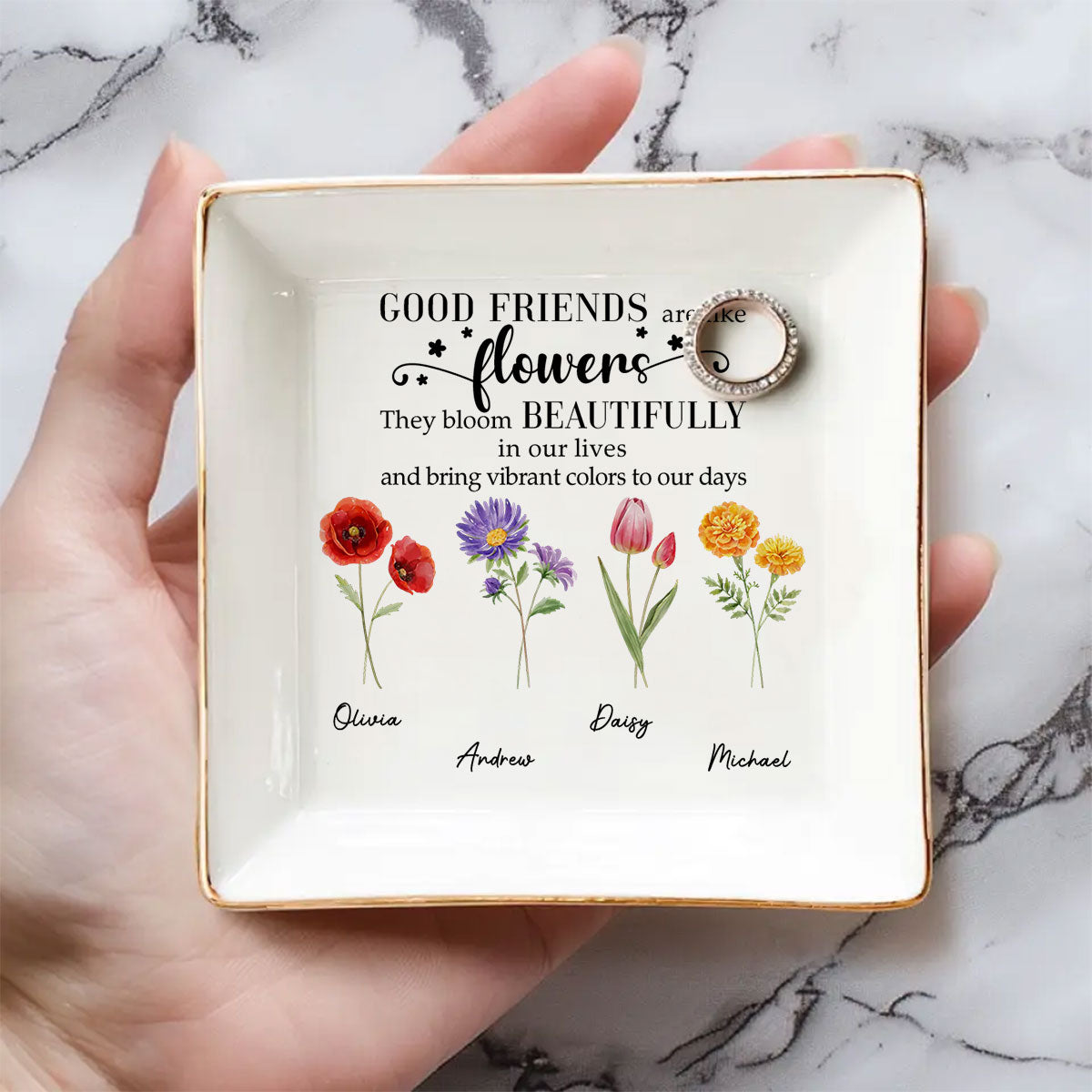 Custom Bestie Trinket Dish, Birthday Christmas Gift For Best Friend • Good Friends Are Flowers Version 2 - Personalized Jewelry Dish