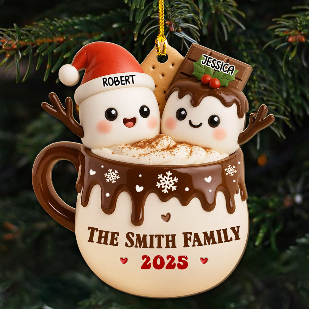 Custom Family Ornament, Christmas Gift for Family Members •  Marshmallow Family Hot Cocoa - Personalized Wood Ornament