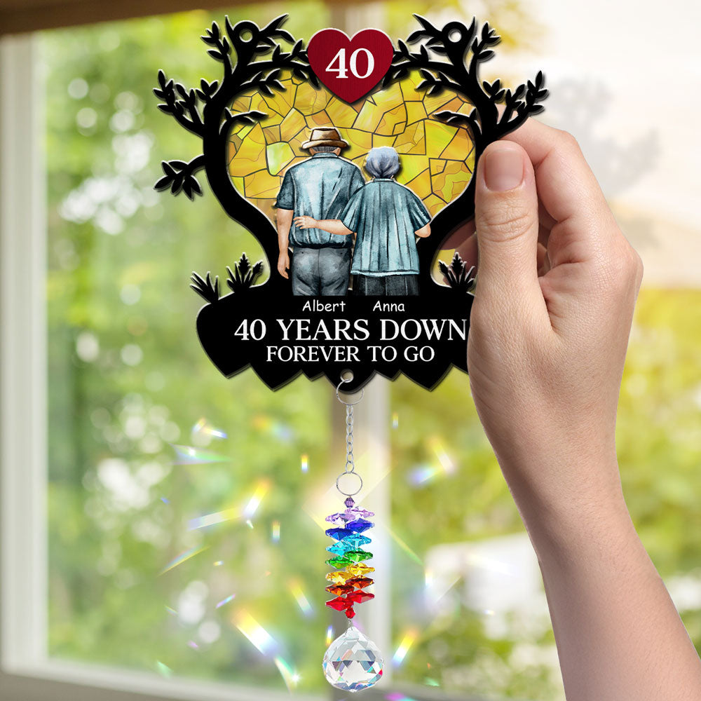 Custom Couple Hanging Decor, Anniversary Valentine's Day Gifts • Many Years Down Forever To Go - Personalized Suncatcher With Crystal Rainbow Charm