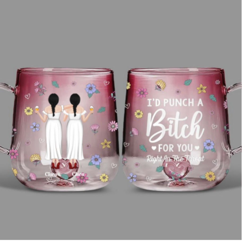 Custom Best Friend, Christmas & Birthday Friendship Keepsake Gift • Punch Bitch Besties - Personalized Pink Gradient Glass Mug