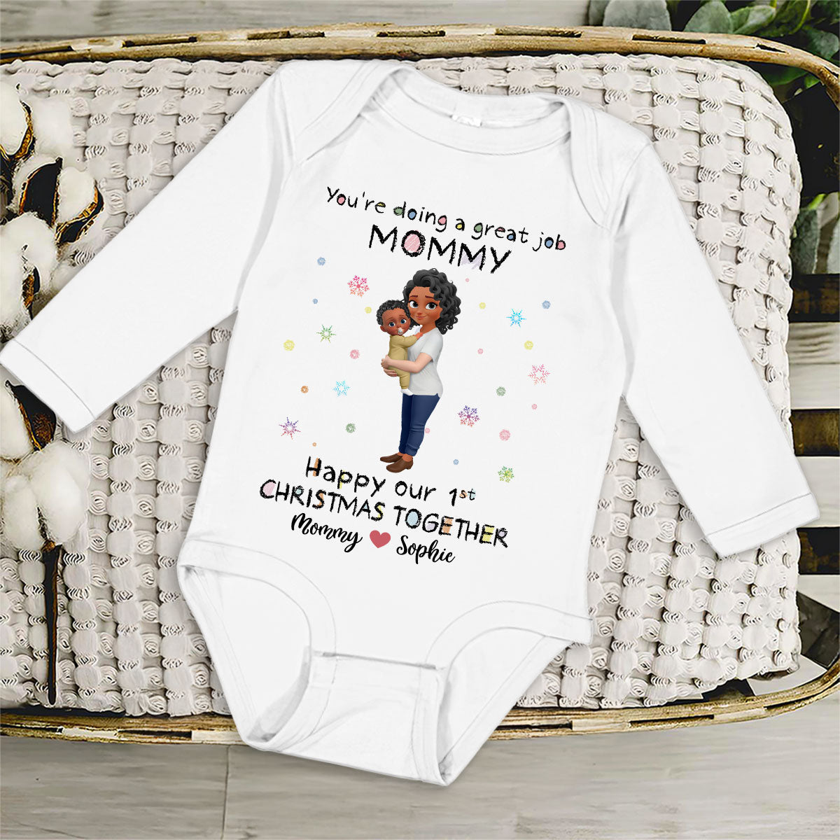 Mommy And Baby 1st Christmas - Personalized Long Sleeve Baby Onesie