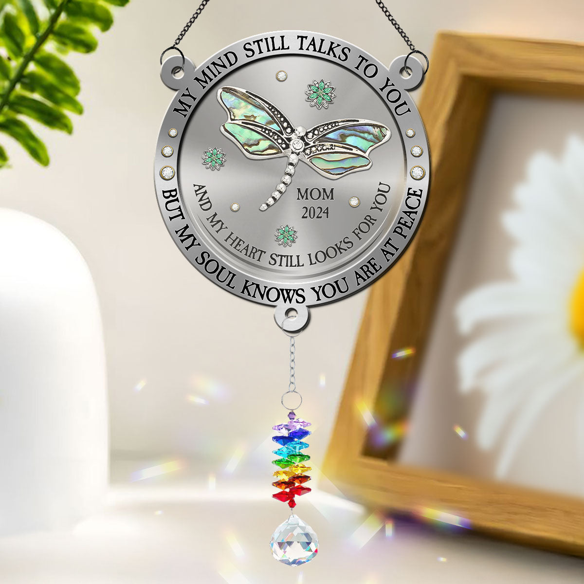 Custom Name Memorial Hanging Decor, Remembrance Keepsake • Dragonfly My Mind My Heart My Soul - Personalized Suncatcher With Crystal Rainbow Charm