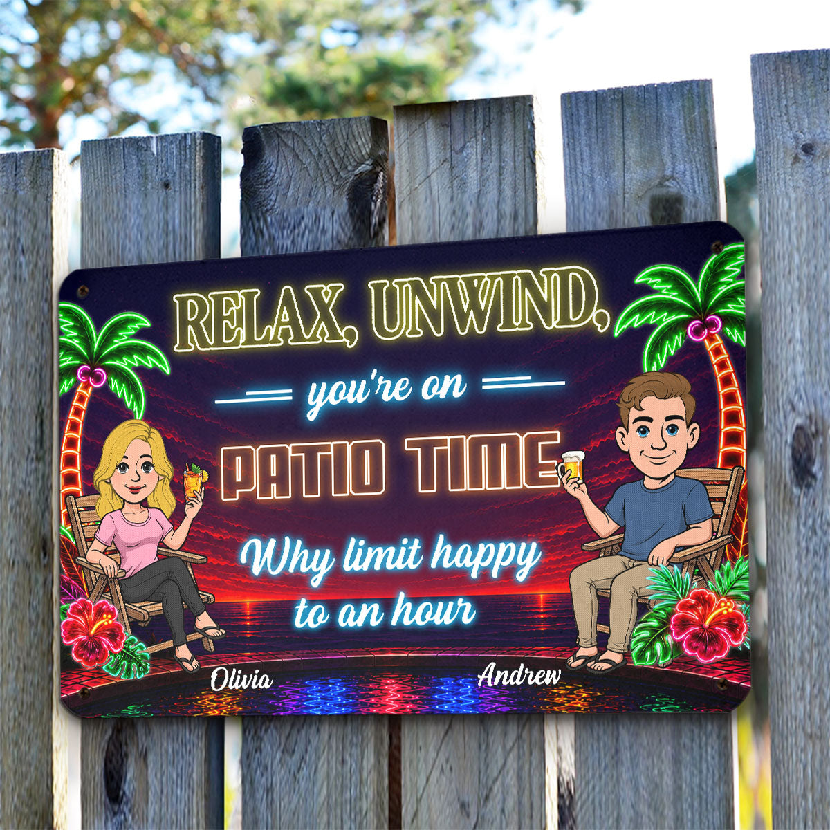 Custom Family Summer Backyard, Patio & Porch Decor • Every Hour Is Happy Hour - Personalized Metal Sign
